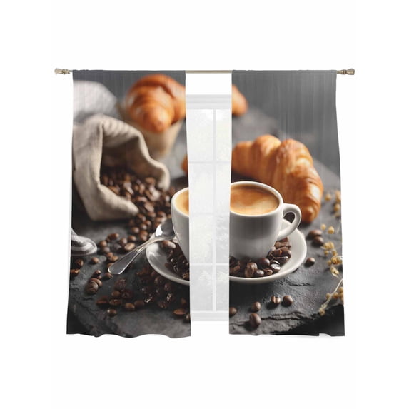 Coffee Bread Sheer Curtains 2 Panels Set Modern Hot Coffee Cup Croissant Sheer Window Curtains Light Filtering Rod Pocket Voile Drapes for Bedroom Living Room 52"X72"