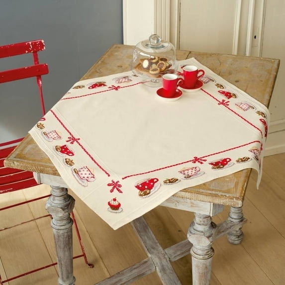 Coffee Break Tablecloth On Aida Counted Cross Stitch Kit, 32" x 32", 10.5-Count