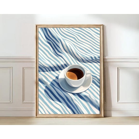 Coffee Breakfast Bed Wall Art Pastel Blue Kitchen Decor, Unframed Paper Print Size 8x12