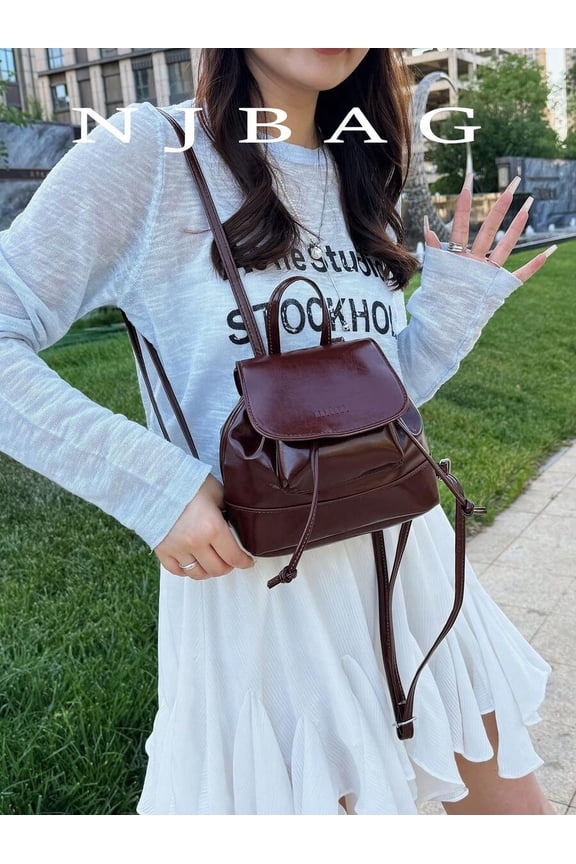 Coffee Brown-2 PU Mini Drawstring Backpack With Top Handle And Adjustable