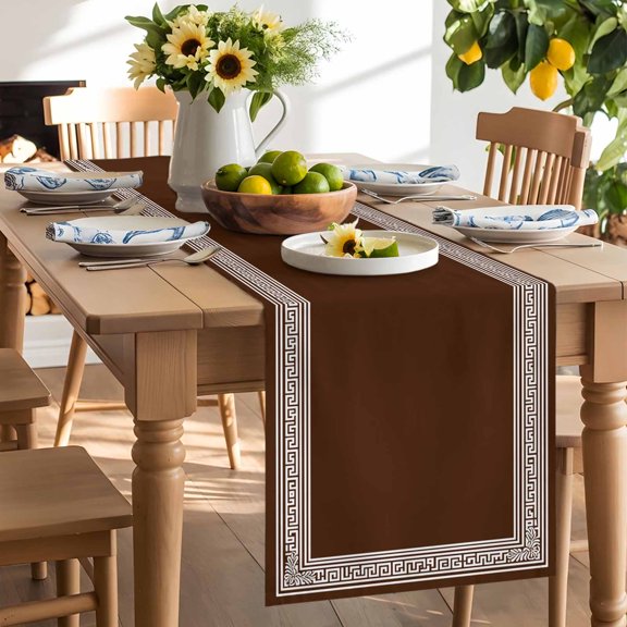 Coffee Brown Abstract Art Table Runner, Greek Key Geometric Country Farm Washable Kitchen Table Runners Dress Scarves for Dining Table Decorations Party/Restaurant/Indoor Outdoor Use, 13x48in