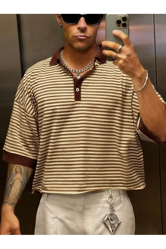 Coffee Brown And Cream Horizontal Stripe Polo Shirt Boxed Loose Fit Short Sleeve Collared Casual Summer Top