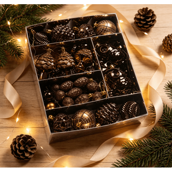 Coffee Brown Assorted Christmas Ornament Set, 52 Pcs Rustic MultiShape Hanging Baubles for Xmas Tree Decor