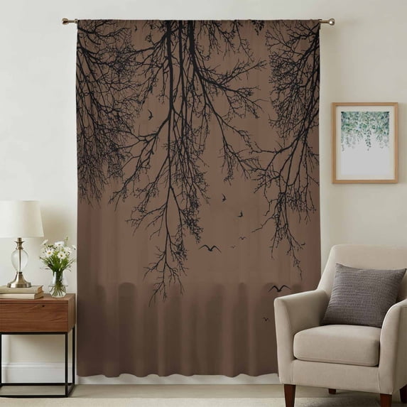 Coffee Brown Black Branches Sheer Curtains 72 Inches Long, Botanical Dead Tree Birds Light Filering Curtains, Breathable Simi Curtain Privacy Drapes for Living Room Bedroom Window Treatment