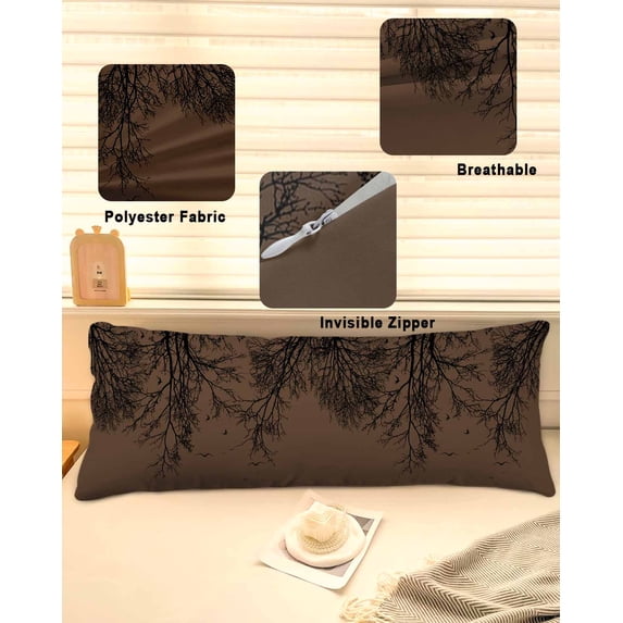 Coffee Brown Black Branches Throw Pillow Covers, Botanical Dead Tree Birds Soft Breathable Pillow Cases with Invisible Zipper for Sleeping, Long Body Pillowcases for Couch Bed Sofa Chair 20x54 Inches