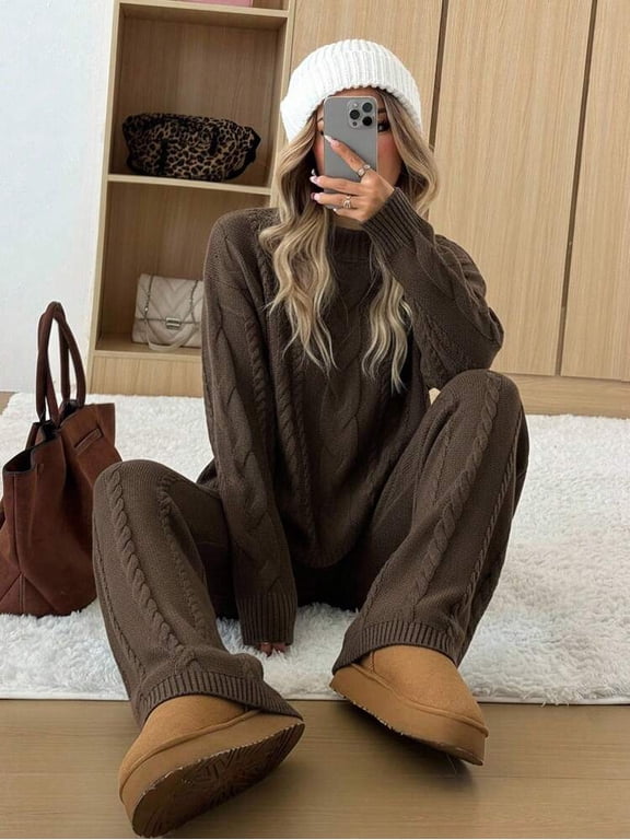 Coffee Brown Cable Knit Sweater and Pants Set