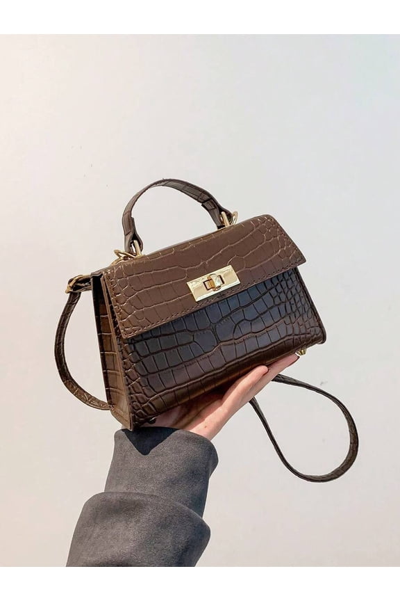 Coffee Brown Croc-Embossed Mini Top Handle Bag With Gold-Tone Clasp