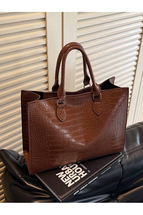 Coffee Brown Croc-Embossed Structured Tote Bag With Dual Top Handles