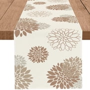 Coffee Brown Dahlia Table Runner Modern Elegant Flower Beige Table Runners Geometric Pompon Farmhouse Table Center Decor for Home Kitchen Dining Party Indoor Outdoor 13x36 Inch