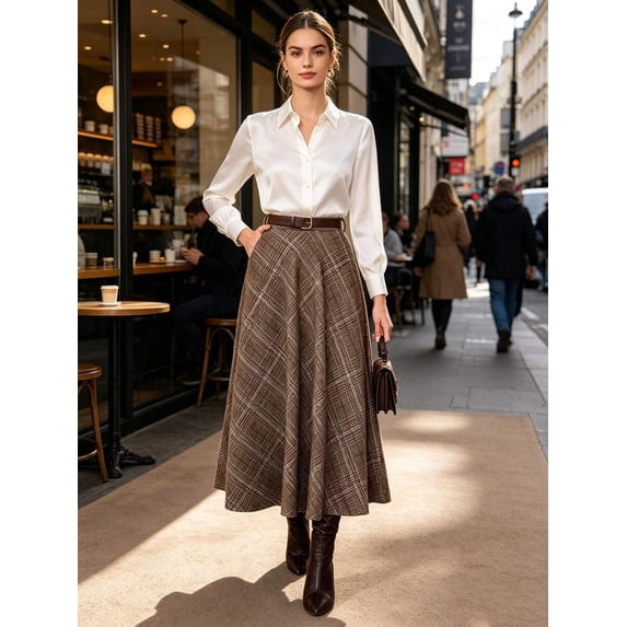 Coffee Brown Elegant Versatile Plaid Long Skirt, Wool Blend High Waist