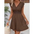 thumbnail image 1 of Coffee Brown Eyelet Lace V-Neck Short Sleeve A-Line Mini Dress, 1 of 6