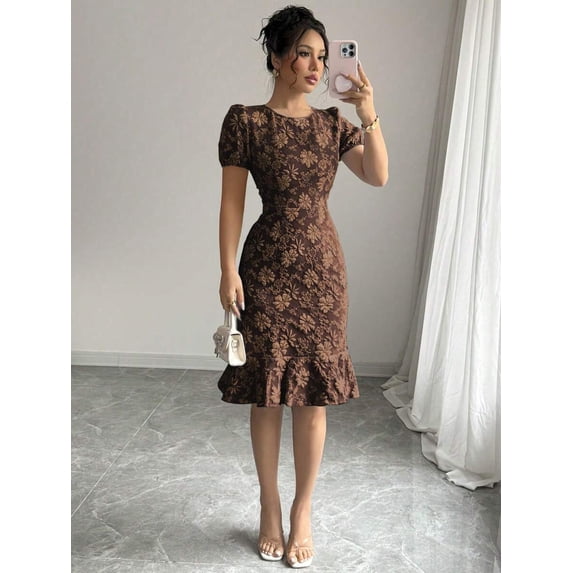 Coffee Brown Floral Jacquard Puff Sleeve Ruffle Hem Midi Fit & Flare Dress