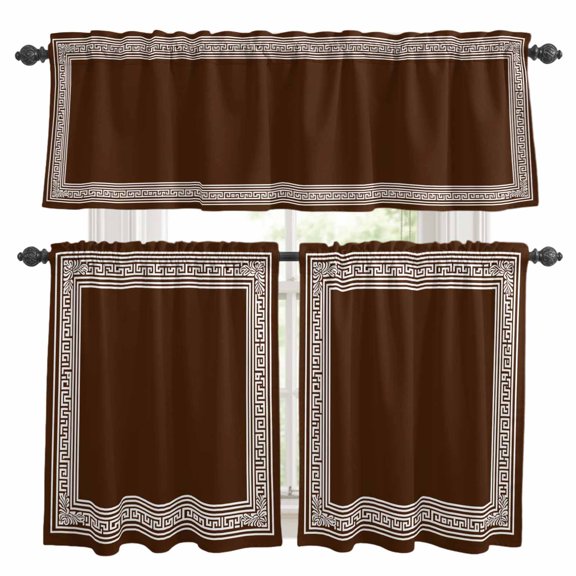 Coffee Brown Greek Key Kitchen Curtains,Kitchen Curtains and Valances Set of 3,Geometric Greece Ancient Farmhouse Geo Light Filtering Tier Curtain 36 Inch Length Drapes for RV Cafe Bathroom Bedroom