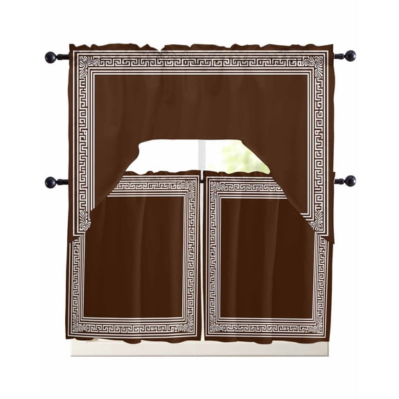 Coffee Brown Greek Key Kitchen Curtains Sets for Windows 3 Piece, Geometric Greece Ancient Farmhouse Geo Kitchen Curtains and Valances Tier Set 24 Inch Length Swag Curtain for Living Room Cafe