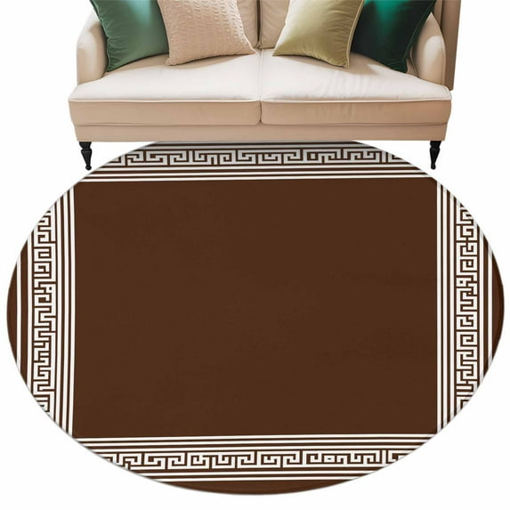 Coffee Brown Greek Key Large Area Rugs for Bedroom Living Room, Soft Non Slip Carpet Bedside Rug, Geometric Greece Ancient Farmhouse Geo Round Floor Cover Kitchen Accent Rug 8' for Dining Room/Office