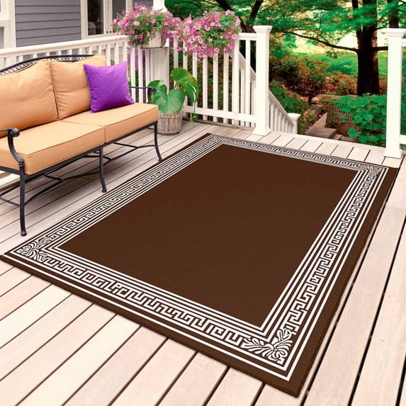 Coffee Brown Greek Key Outdoor Rug for Patio/Deck/Porch, Non-Slip Large Area Rug 3 x 5 Ft, Geometric Greece Ancient Farmhouse Geo Indoor Outdoor Rugs Washable Area Rugs, Camping Rug Carpet Runner