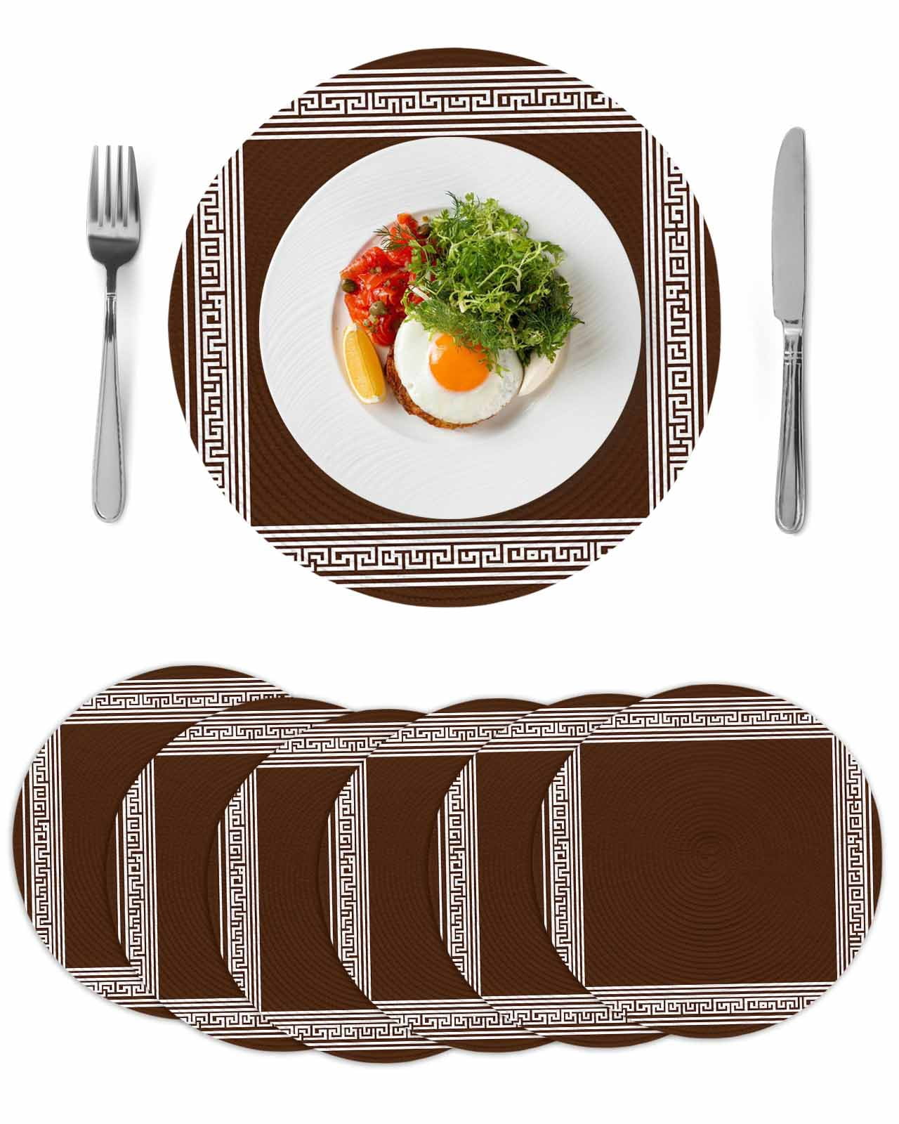 Coffee Brown Greek Key Round 13 Inch Placemats Set of 6, Geometric ...