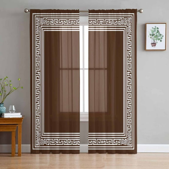 Coffee Brown Greek Key Sheer Curtains 84 Inches Long 2 Panels Set, Window Sheer Curtains for Living Room/Bedroom, Geometric Greece Ancient Farmhouse Geo Light Filtering Rod Pocket Curtain 52''x84''x2