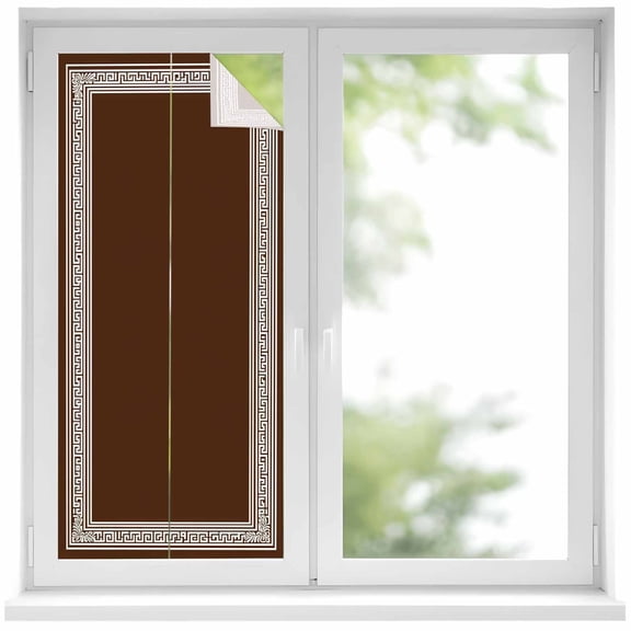 Coffee Brown Greek Key Window Privacy Film, Geometric Greece Ancient Farmhouse Geo Static Cling UV Sun Blocking Heat Control Window Tint, Non-Adhesive One Way Windows Privacy Cover 17.7''x39.3''
