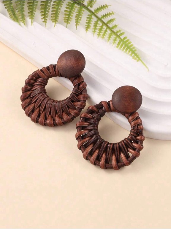 Coffee Brown Handmade Woven Rattan Hollow Circle Earrings With Wood Ball