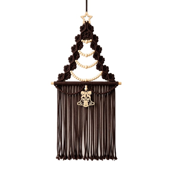 Coffee Brown Handwoven Christmas Tree Fringe Wall Hanging, Macrame Style Star Accent for Door Entryway Mantel Holiday Decoration