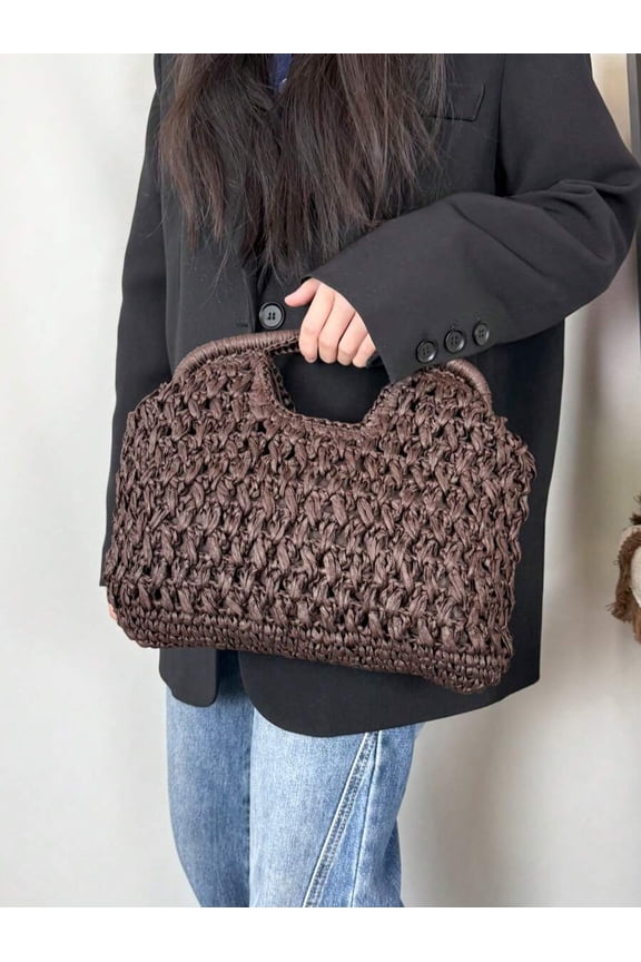 Coffee Brown Handwoven Raffia Top Handle Clutch Bag, Womens Summer