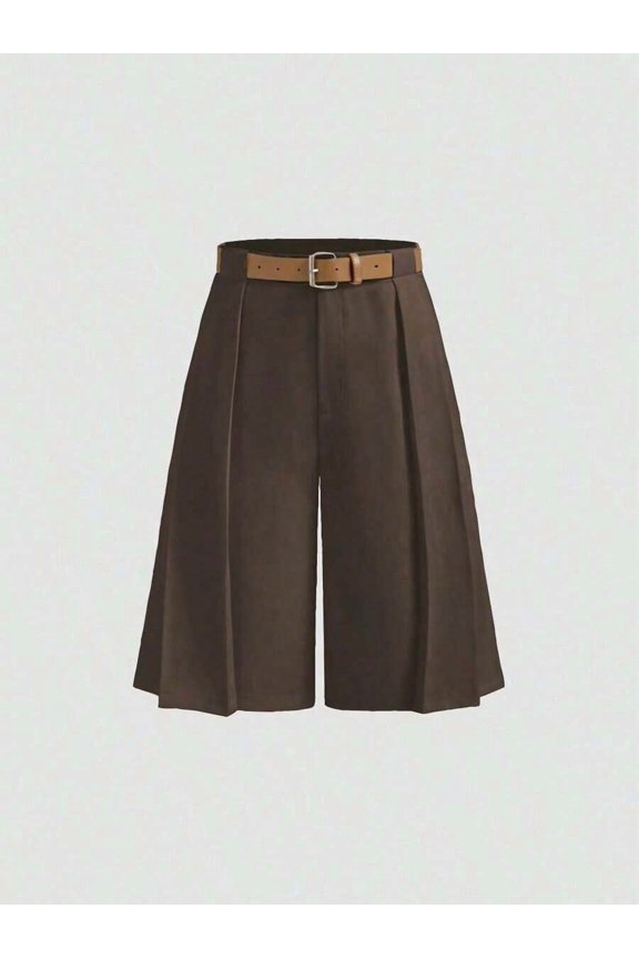 Coffee Brown High Waist Pleated Wide Leg Bermuda Shorts