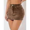 thumbnail image 1 of Coffee Brown High-Waisted Bodycon Denim Mini Skirt With Front Pocket, 1 of 27