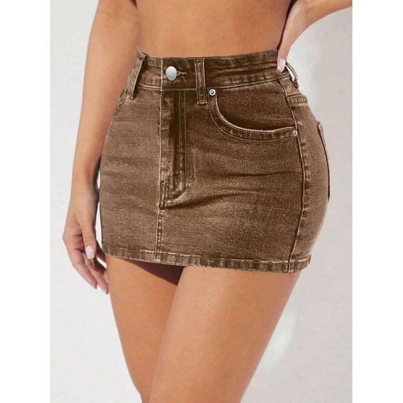 Coffee Brown High-Waisted Bodycon Denim Mini Skirt With Front Pocket