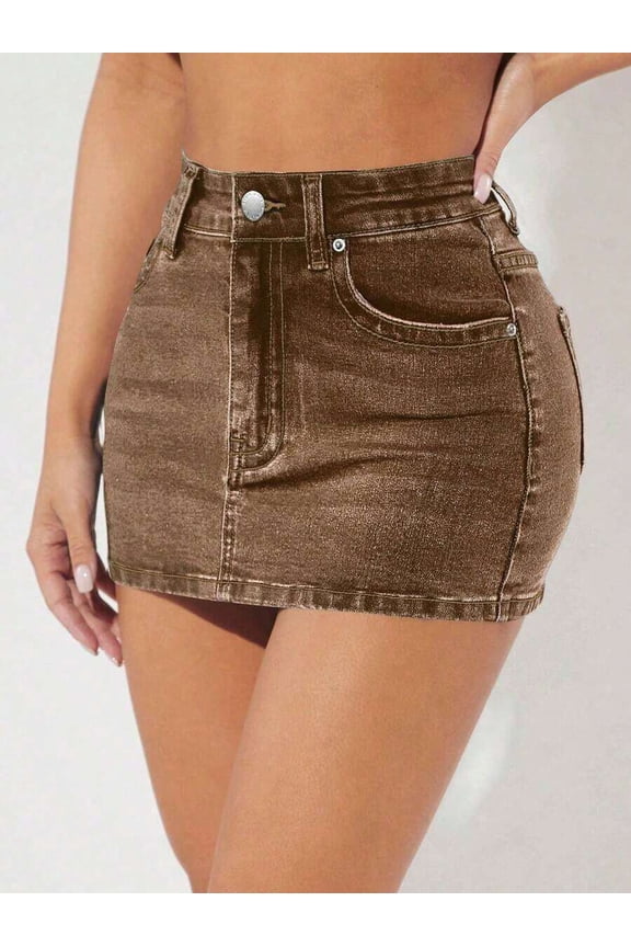Coffee Brown High-Waisted Bodycon Denim Mini Skirt With Front Pocket