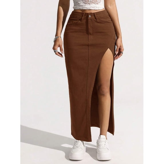 Coffee Brown High-Waisted Denim Maxi Skirt With Front Side Slit