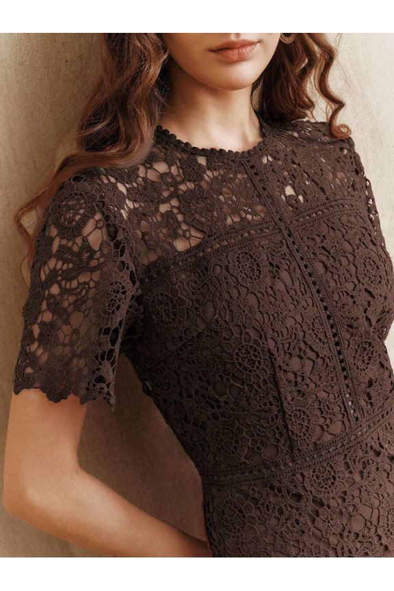 Coffee Brown Lace Sheath Dress With Short Sleeve And Ruffled Neckline
