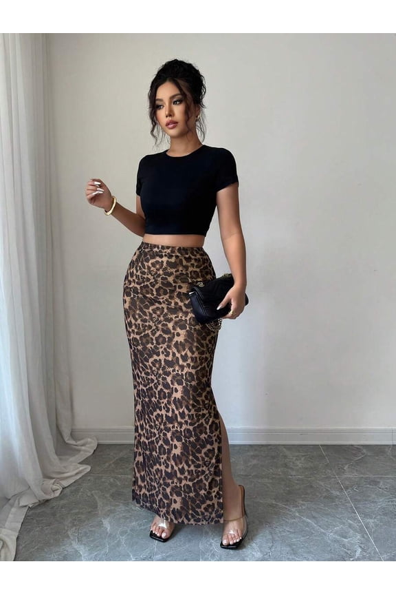 Coffee Brown Leopard Print Bodycon Midi Skirt With High Slit, Elegant Summer Vacation Wear
