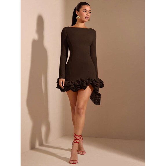 Coffee Brown Long Sleeve Mini Dress With Ruched Hem Elegant Womens Bodycon Dress