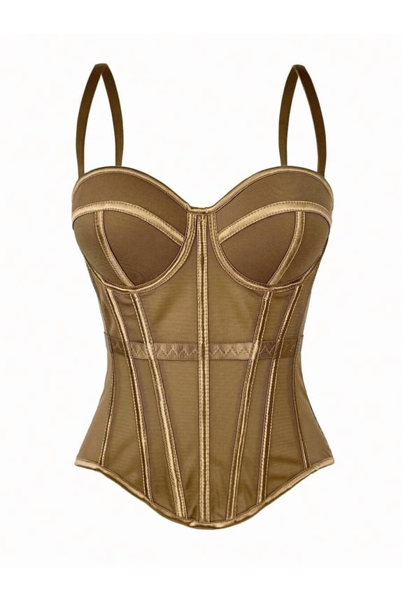 Coffee Brown Mesh Corset Bustier With Built-In Bra And Adjustable Straps