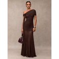 thumbnail image 1 of Coffee Brown One-Shoulder Ruched Maxi Evening Gown Formal Dress, 1 of 30