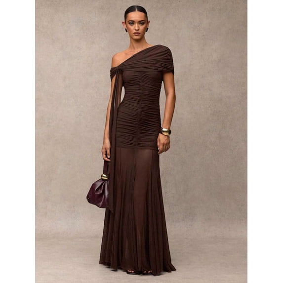 Coffee Brown One-Shoulder Ruched Maxi Evening Gown Formal Dress