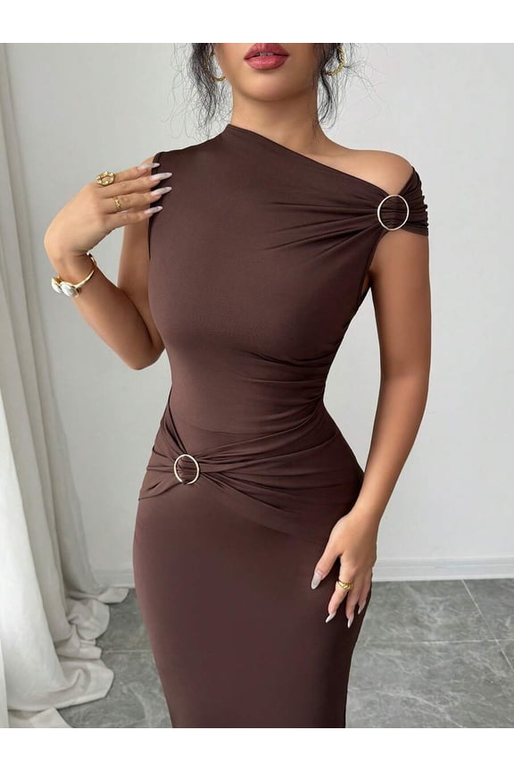 Coffee Brown One Shoulder Ruched Waist Elegant Bodycon Dress With Metal Ring Detail