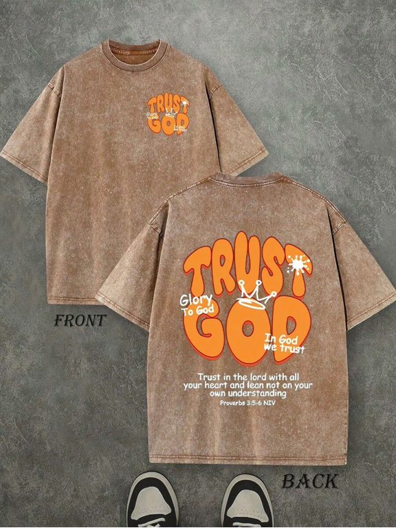 Coffee Brown Oversized Christian Graphic T-Shirt For Men – Trust God Washed Vintage Style