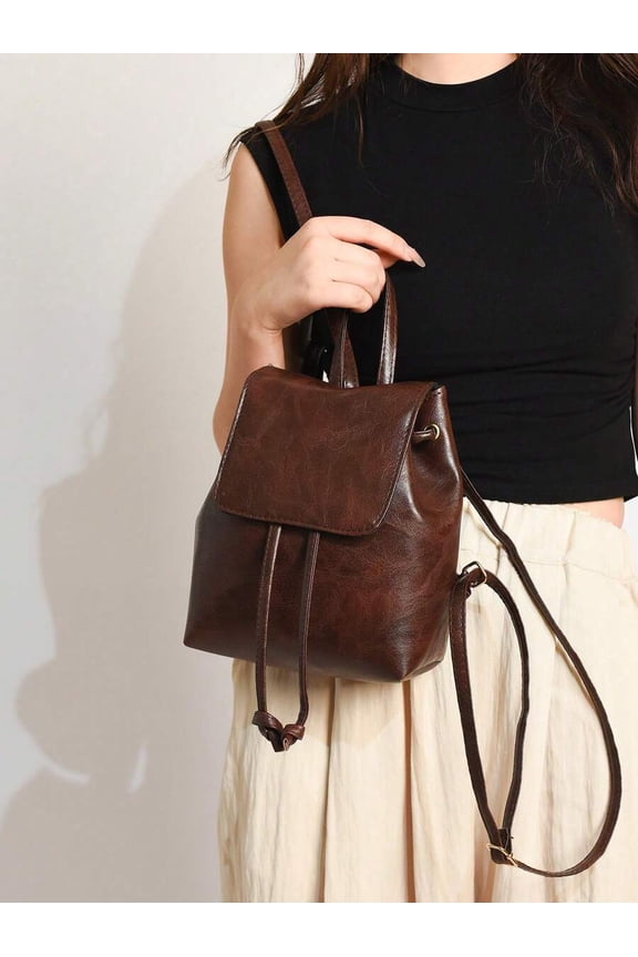 Coffee Brown PU Mini Backpack With Drawstring Closure And Top Handle
