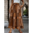 thumbnail image 1 of Coffee Brown Patchwork Print Drawstring Waist Tiered Maxi Skirt With Ruffle Hem, 1 of 6