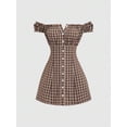 thumbnail image 1 of Coffee Brown Plaid Off Shoulder Slim-Fit Mini Dress For Women, 1 of 6