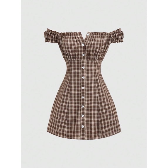 Coffee Brown Plaid Off Shoulder Slim-Fit Mini Dress For Women