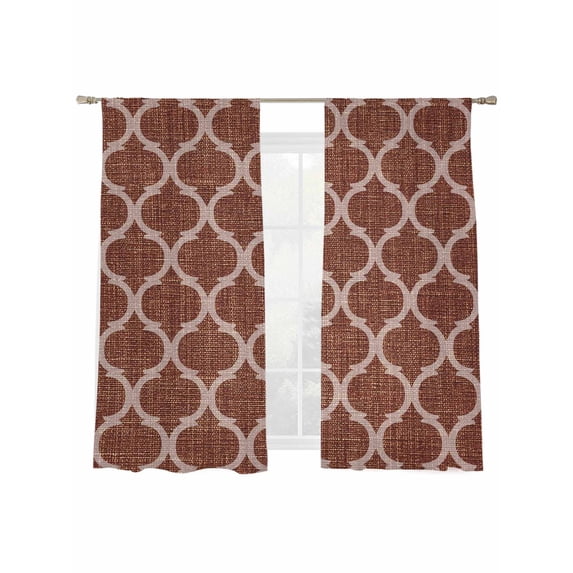 Coffee Brown Plaid Sheer Curtains 2 Panels Set Retro Country Moroccan National Geometrical Plaid Sheer Window Curtains Light Filtering Rod Pocket Voile Drapes for Bedroom Living Room 52"X72"