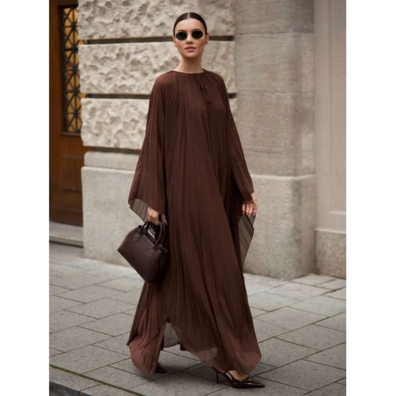 Coffee Brown Pleated Chiffon Maxi Dress With Batwing Sleeves Round Neck Flowy Elegant Vacation Party Dress