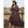thumbnail image 1 of Coffee Brown Plus Size Casual Vacation Tie Front Ruffle Maxi Dress With V-Neck And Flared Sleeves, Spring Summer, 1 of 7
