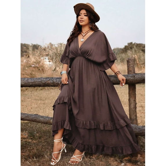 Coffee Brown Plus Size Casual Vacation Tie Front Ruffle Maxi Dress With V-Neck And Flared Sleeves, Spring Summer