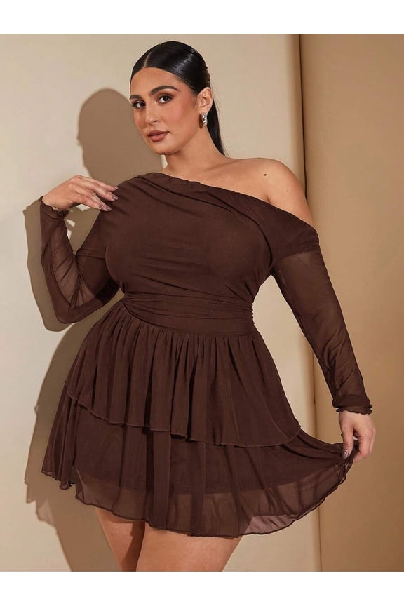 Coffee Brown Plus Size Off-Shoulder Long Sleeve Ruffled Tiered Mini Dress