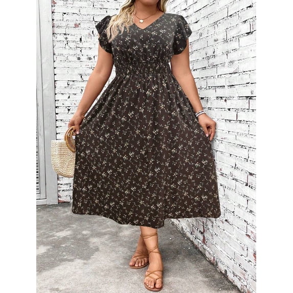Coffee Brown Plus Size Shirred Ditsy Floral Ruffle Sleeve V-Neck A-Line ...