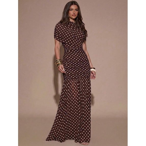 Coffee Brown Polka Dot Ruched Maxi Dress With Short Sleeve And High Neck